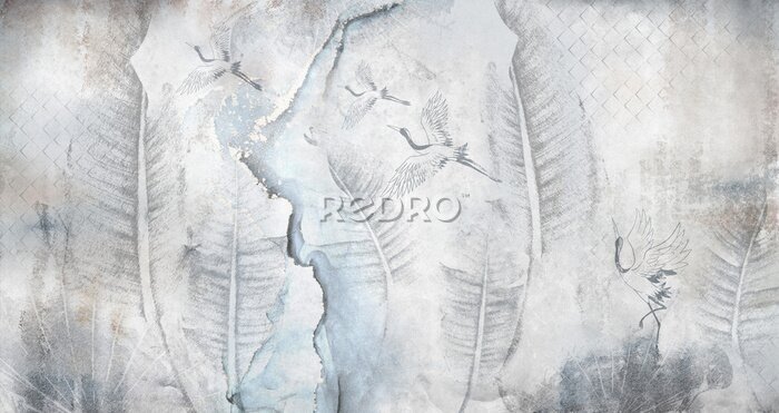 Tableau  Feuilles et Grues sur un Mur en Béton