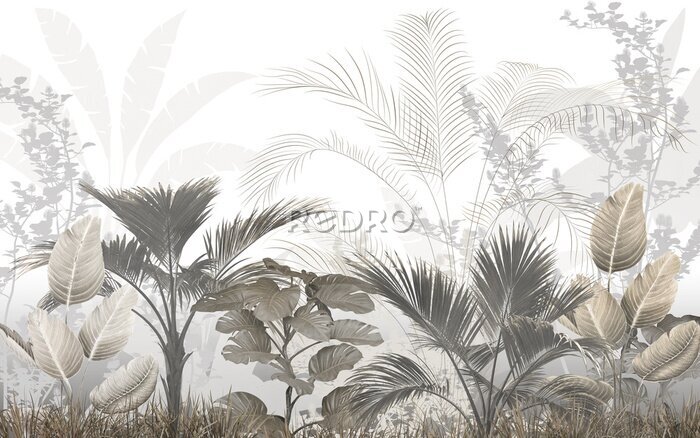 Tableau  Feuilles tropicales 3D gris-beige
