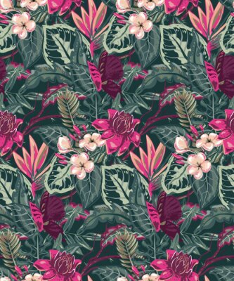 Feuilles vertes et fleurs tropicales roses