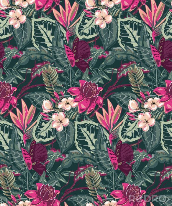 Tableau  Feuilles vertes et fleurs tropicales roses