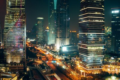 Tableau  Feux de circulation, gratte-ciel, Shanghai, centre-ville, nuit