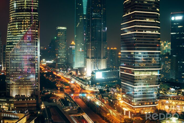 Tableau  Feux de circulation, gratte-ciel, Shanghai, centre-ville, nuit