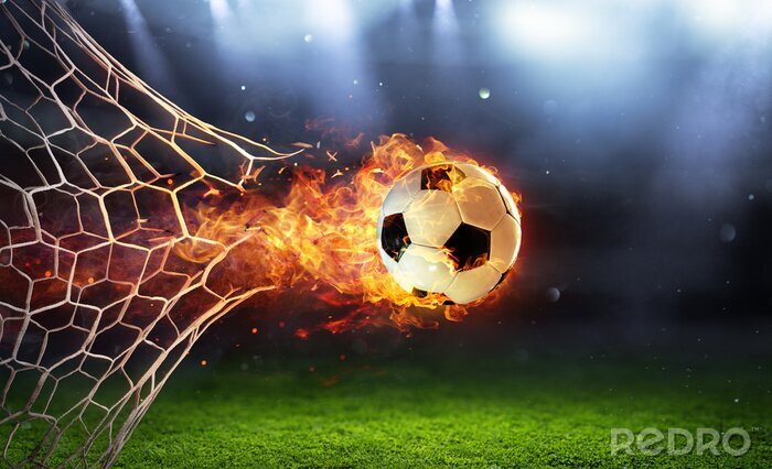 Tableau Fiery Soccer Ball In Goal With Net In Flames Sur Mesure Redro Fr