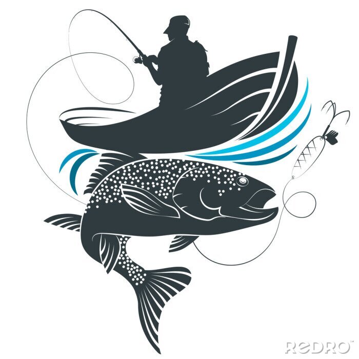 Tableau  Fisherman with fishing rod in a boat and fish design
