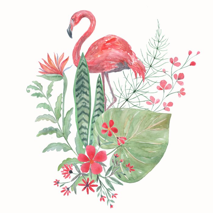 Tableau  Flamant rose aux feuilles exotiques