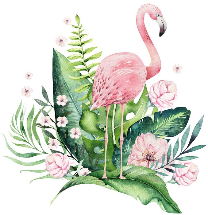 Tableau  Flamant rose et feuilles tropicales