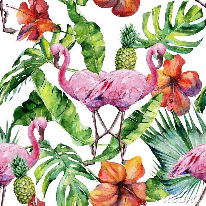 Tableau  Flamants colorés et fleurs tropicales