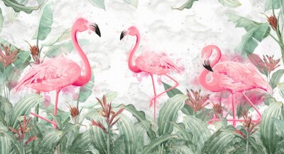 Flamants roses abstraits parmi les feuilles
