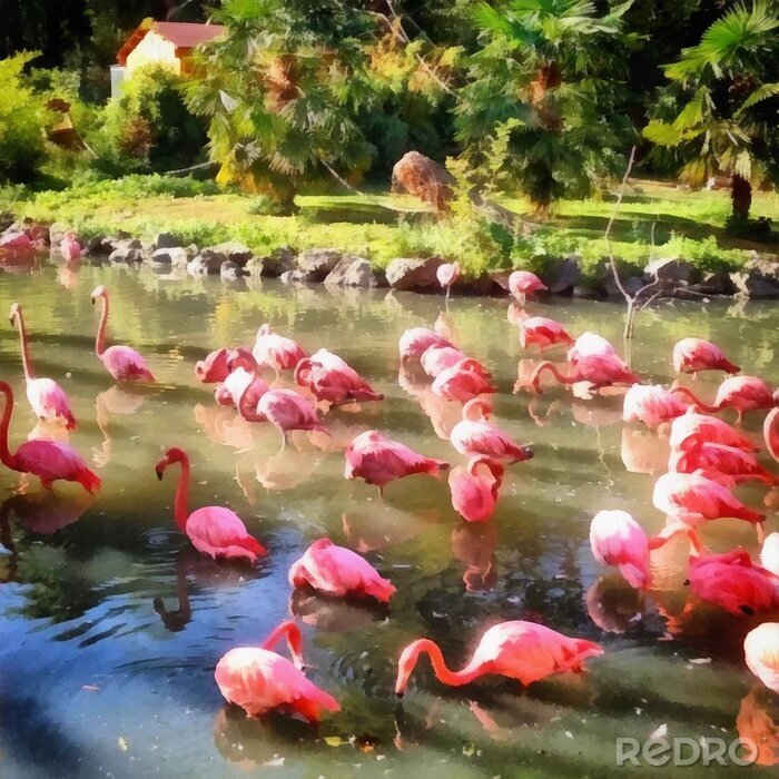 Tableau  Flamants roses dans l'étang