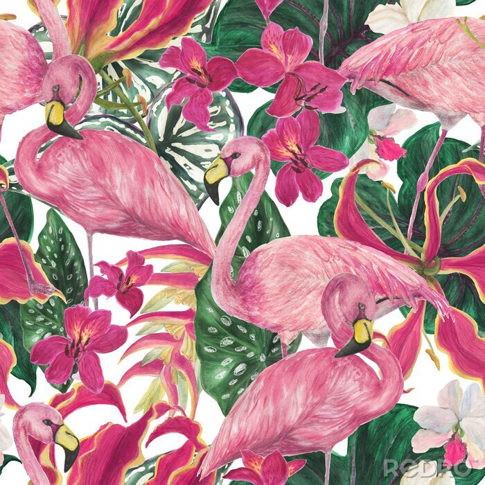 Tableau  Flamants roses et fleurs sur fond de feuillage