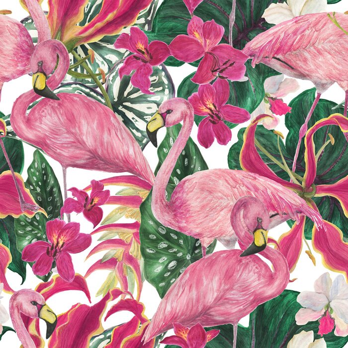 Tableau  Flamants roses et fleurs sur fond de feuillage