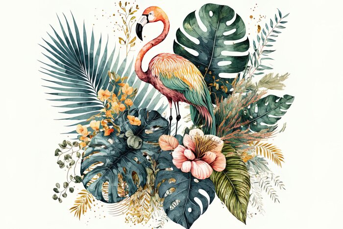 Tableau  Flamingo parmi les feuilles de monstera