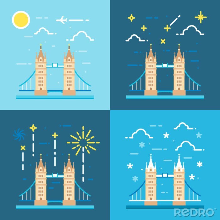 Tableau  Flat design 4 styles of tower bridge UK