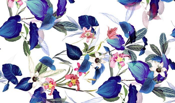 Tableau  Fleurs aux feuilles bleues