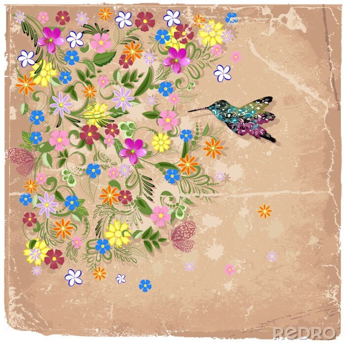 Tableau  Fleurs colorées et colibri fond rétro