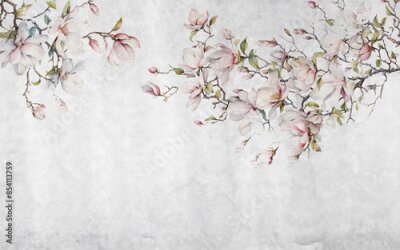 Fleurs de magnolia sur des branches d'arbre sur fond de béton