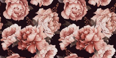 Papier peint à motif  Fleurs de pivoine sur fond noir