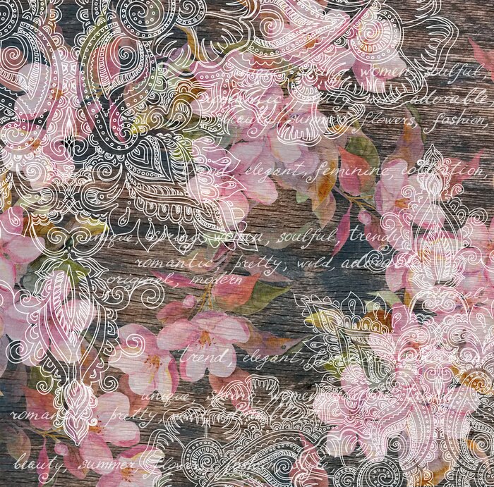 Tableau  Fleurs, design ornemental indien, texture du bois. Aquarelle, note manuscrite