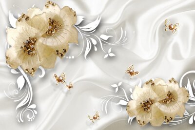 Tableau  Fleurs dorées 3D et feuilles blanches sur fond abstrait