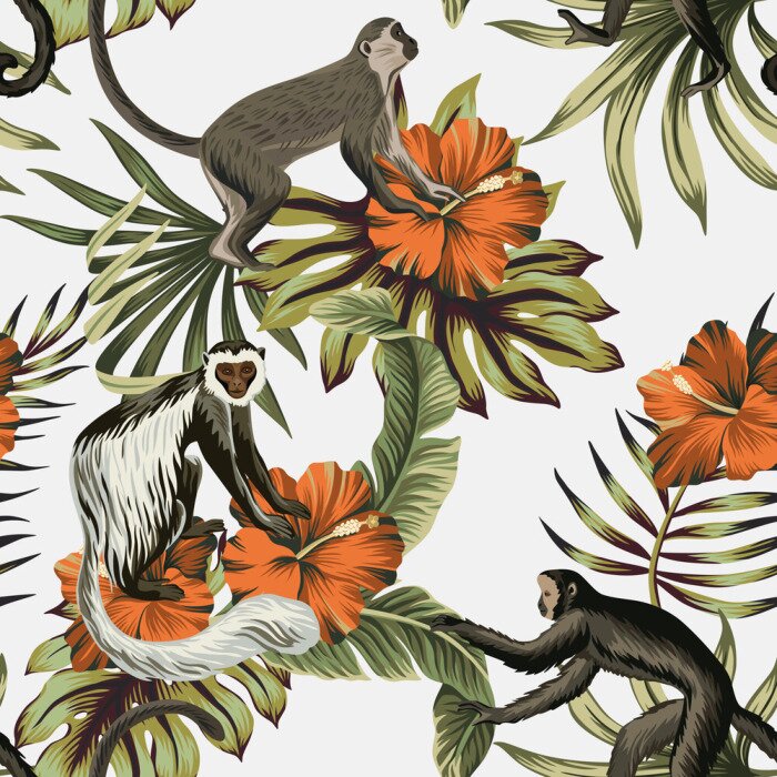 Tableau  Fleurs oranges et animaux sur fond blanc