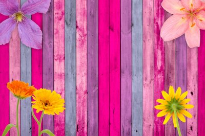 Fleurs sur fond de planches peintes rose-bleu