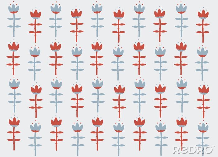 Tableau  Floral background Scandinavian style with red and  blue flower lily, tulip. Nordic Ornament for design, fabric, textile, wrapping paper, wallpaper