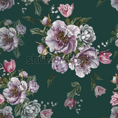 Tableau  Floral pattern sans couture avec pivoines aquarelles et tulipes