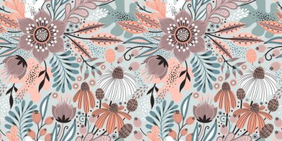 Floral seamless pattern on white. Abstract vector background with flowers and leaves. Natural bright design. Scandinavian style.