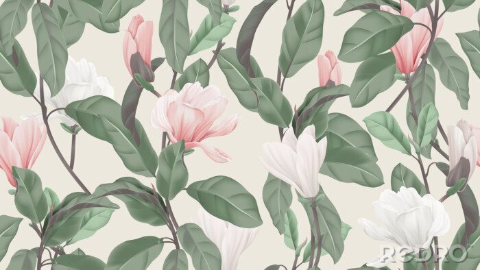 Tableau  Floral seamless pattern, pink and white Anise magnolia flowers and leaves on light brown, pastel vintage theme