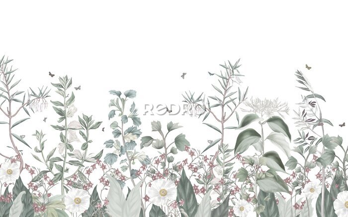 Tableau  Flowers and plants wallpaper design in pastel tones, pattern design, isolated on white background, textile fabric, oil painting, brush texture, mural art.