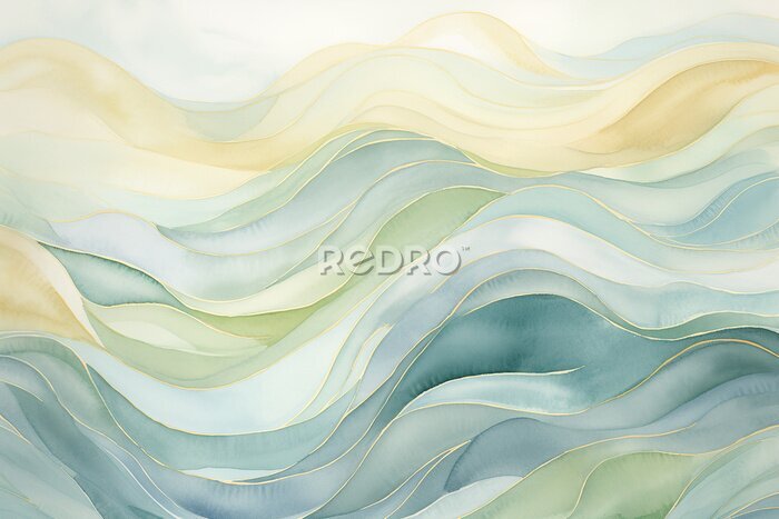 Tableau  Fluid and harmonious boho watercolor wave design, seamless tessellation for continuous tiling, a soothing blend of soft blues, greens, earthy browns, and warm yellows, capturing the essence of gentle 
