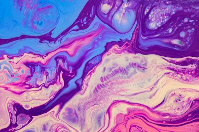 Tableau  Fluid art texture. Abstract backdrop with iridescent paint effect. Liquid acrylic artwork with flows and splashes. Mixed paints for website background. Purple, pink, blue and white overflowing colors