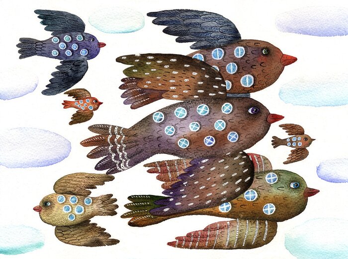 Tableau  Flying birds with windowswatercolor illustration