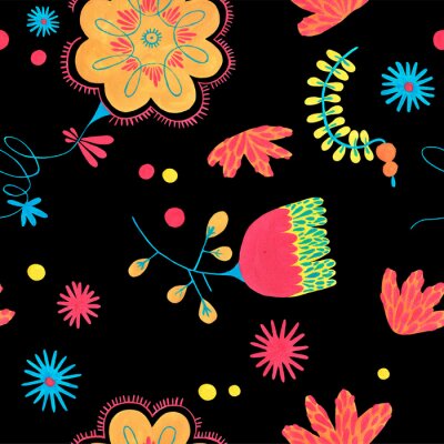 Folk seamless pattern in minimal floral style with gouache flower elements on black background. Bright herbal pattern for scrapbooking, wrapping paper, textile, fabric or ditsy print.