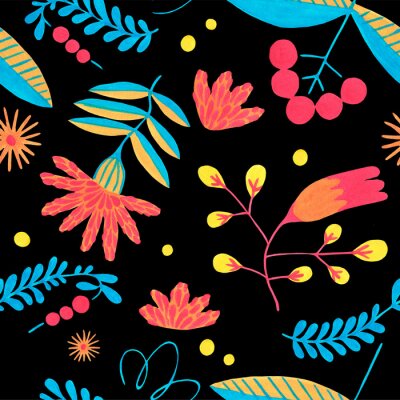 Tableau  Folk seamless pattern in minimal floral style with gouache flower elements on black background. Bright herbal pattern for scrapbooking, wrapping paper, textile, fabric or ditsy print.