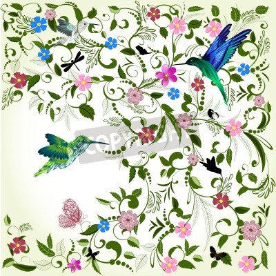 Tableau  Fond floral avec des oiseaux