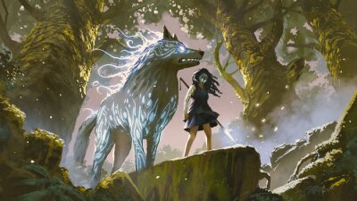 Forêt fantastique et une fille avec un loup