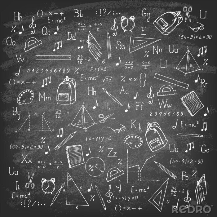 Tableau  Freehand drawing school items on blackboard. Vector illustration. 