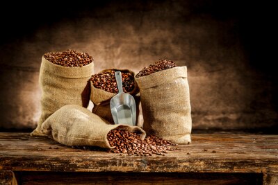 Tableau  Fresh old sack of coffee grains and brown old wall background 