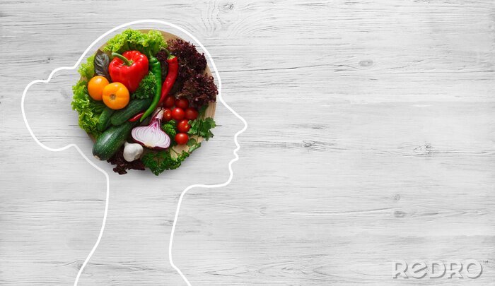 Tableau  Fresh vegetables in woman head symbolizing health nutrition