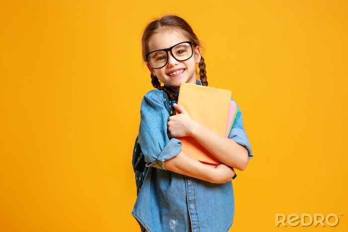 Tableau  funny child school girl girl on yellow background    .