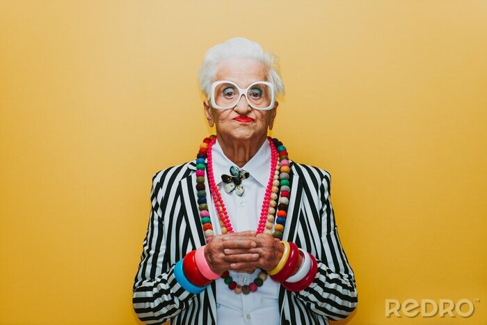 Tableau  Funny grandmother portraits. Senior old woman dressing elegant for a special event. granny fashion model on colored backgrounds