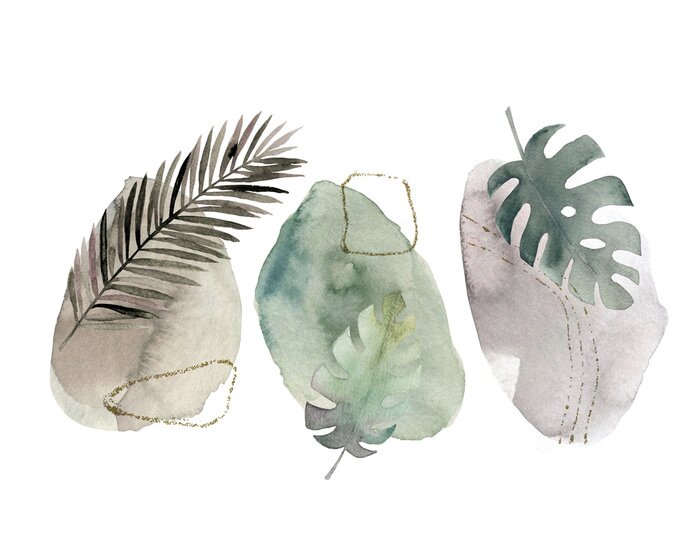 Tableau  Geometric poster with watercolor and marble elements on white background. Abstract nordic print. Scandinavian style. Hand drawn illustration