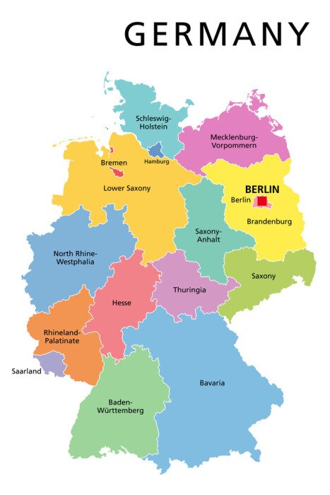 Tableau  Germany political map. Multicolored states of Federal Republic of Germany with capital Berlin and 16 partly-sovereign states. Central and Western Europe country. English labeling. Illustration. Vector
