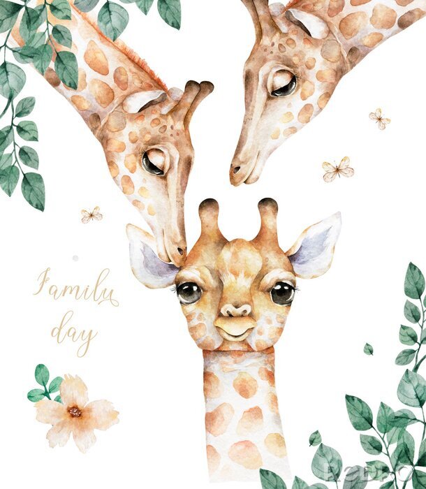 Tableau  Girafe aquarelle et feuilles
