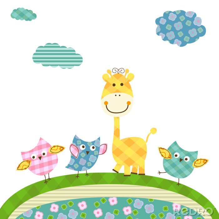 Tableau  Girafe et trois oiseaux illustration multicolore