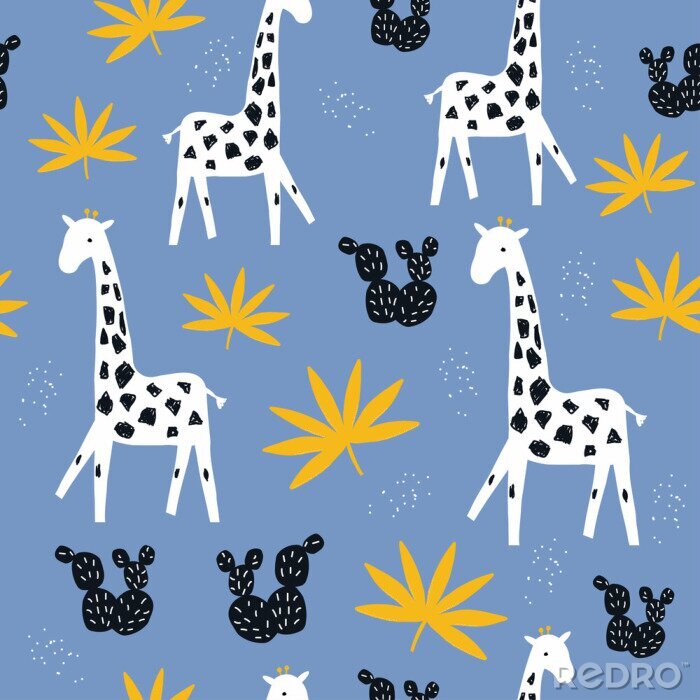 Tableau  Girafes et feuilles tropicales sur fond bleu