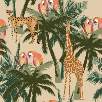 Girafes perroquets et guépards sur fond de palmiers