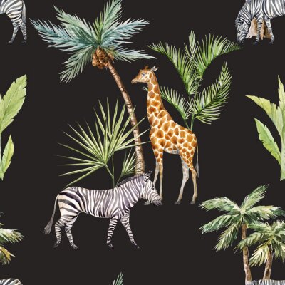 Tableau  Girafes zébrées et palmiers