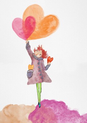 Tableau  Girl and hearts. Watercolor igreeting card. Love concept.